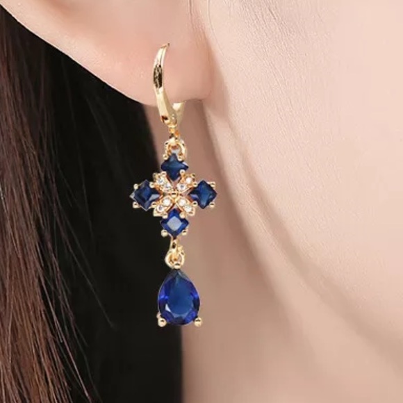 Rear vintage 18k yellow Gold Blue Sapphire & sapphire Dangle Earrings - Picture 3 of 4